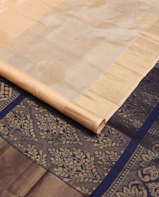 Sandal zari buttas Kanchipuram silk saree, bavanji border & contrast pallu of floral designs