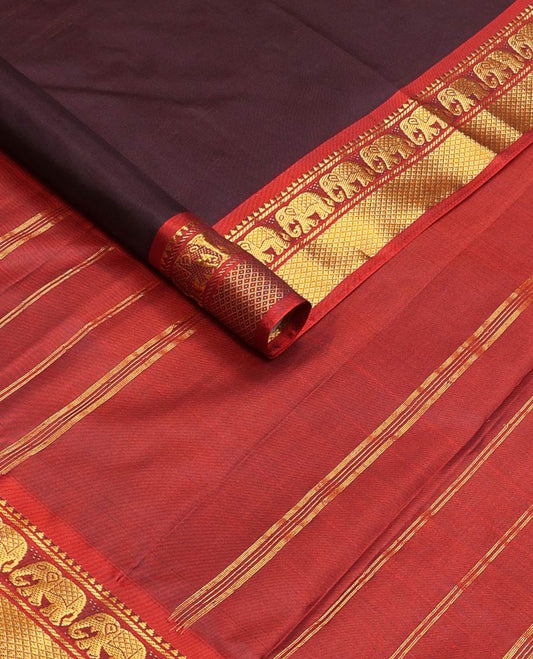 Chocolate brown plain silk saree, contrast border of rekku,banaras,mayil & mayil kann designs & zari striped pallu