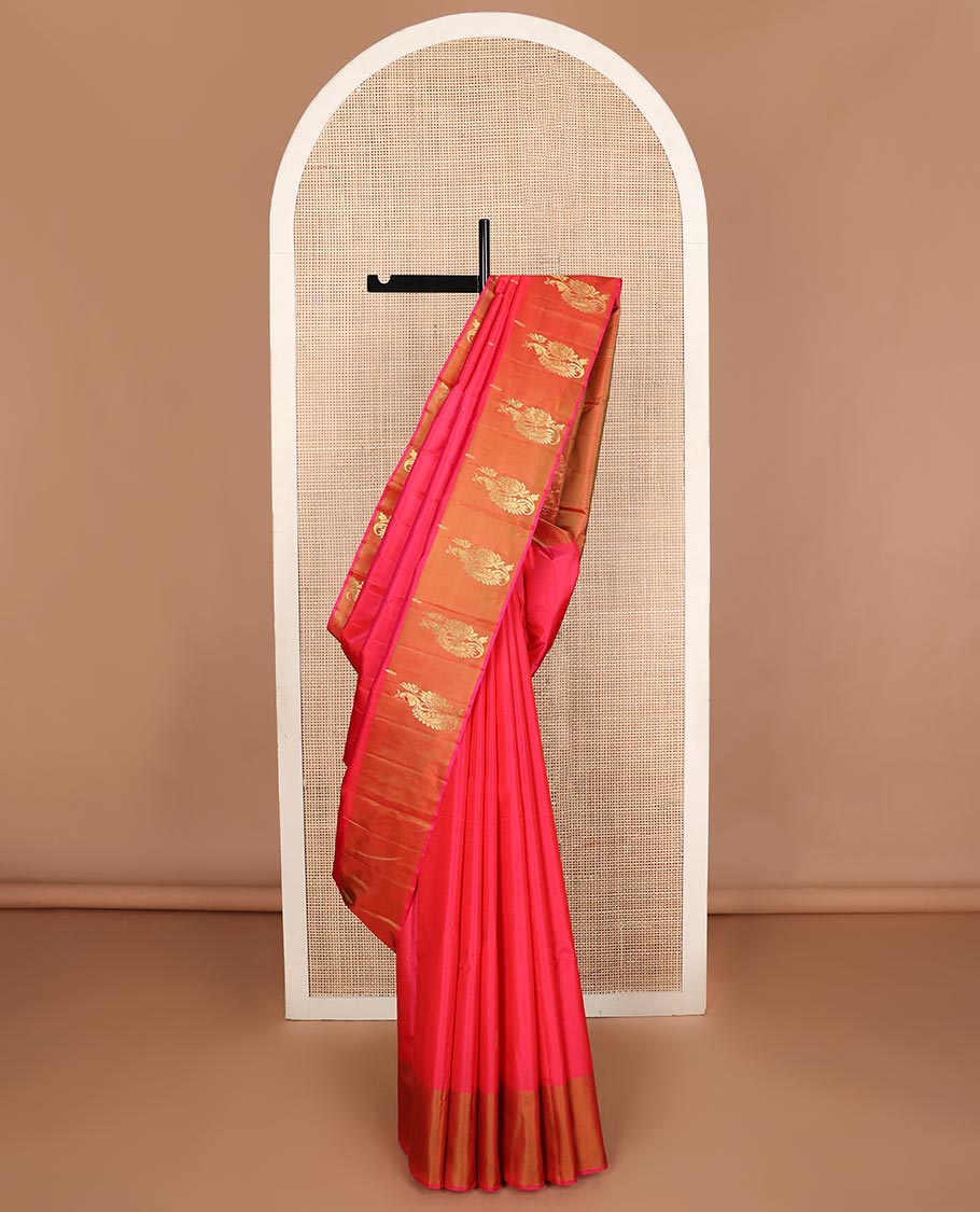 Pink zari buttas Kanchipuram silk saree, contrast peacock and floral zari border, and pallu of floral designs