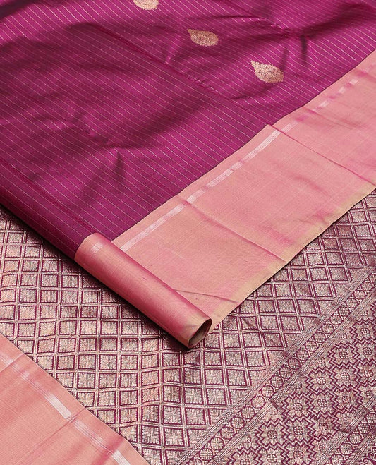 Purple zari buttas and striped Kanchipuram silk saree, contrast zari striped border, and contrast pallu of jaal design