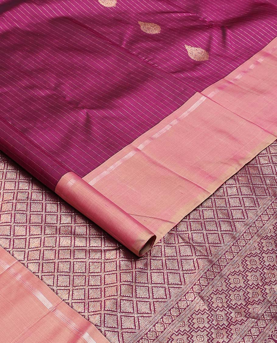 Purple zari buttas and striped Kanchipuram silk saree, contrast zari striped border, and contrast pallu of jaal design
