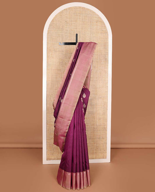Purple zari buttas and striped Kanchipuram silk saree, contrast zari striped border, and contrast pallu of jaal design