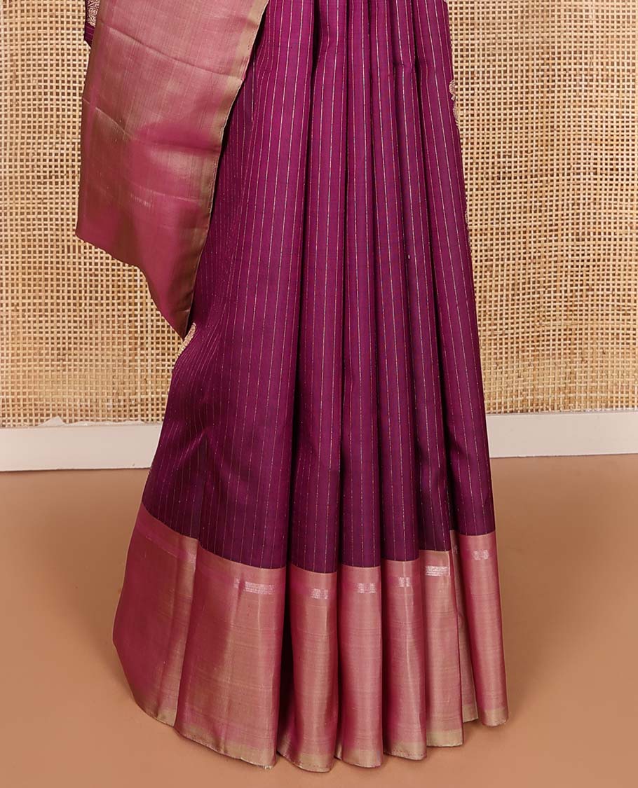 Purple zari buttas and striped Kanchipuram silk saree, contrast zari striped border, and contrast pallu of jaal design