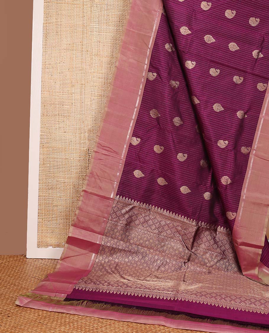 Purple zari buttas and striped Kanchipuram silk saree, contrast zari striped border, and contrast pallu of jaal design