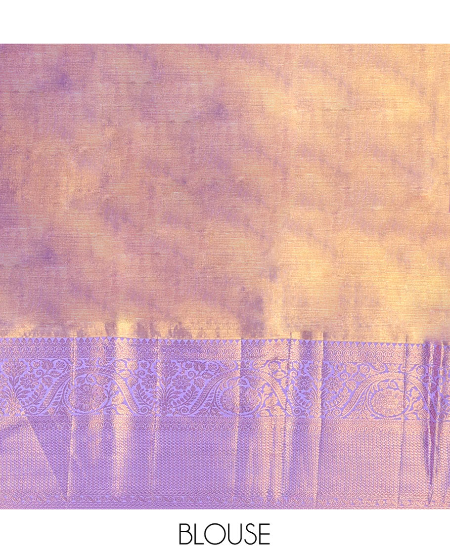 Pink Kanchipuram Tissue Silk Saree, Mesmerized with Jacquard Design on Its Body, Complemented by a Contrast Border of Thilakam, and Dhavana Kodi Designs, Pallu Steeped with Poun Designs, and Paired with a Contrast Blouse