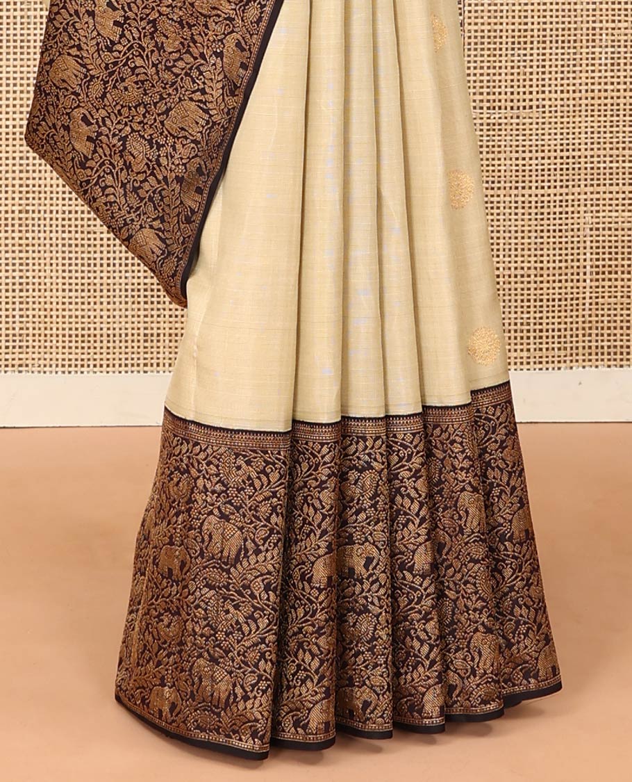Blue checked Kanchipuram designer saree, big marigold floral motifs woven border, and intricate pallu