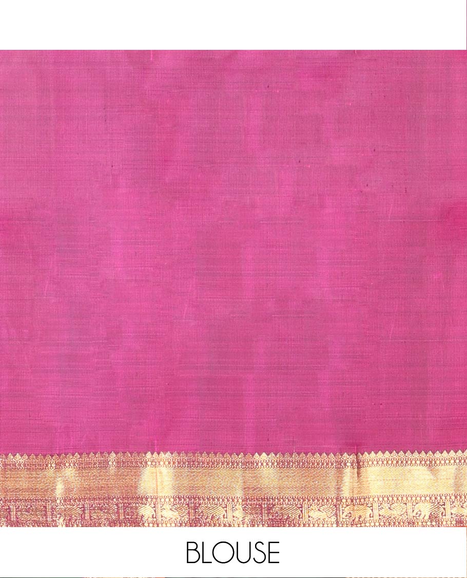 Green Kanchipuram Soft Silk Saree Artfully Detailed with Kolam Buttas, Complemented by a Contrast Border of Thilakam Mokku, Muthu, Yaanai, and Mayil Designs, Zari-Rich Pallu of Mayil Kann Designs, and Paired with a Contrast Blouse