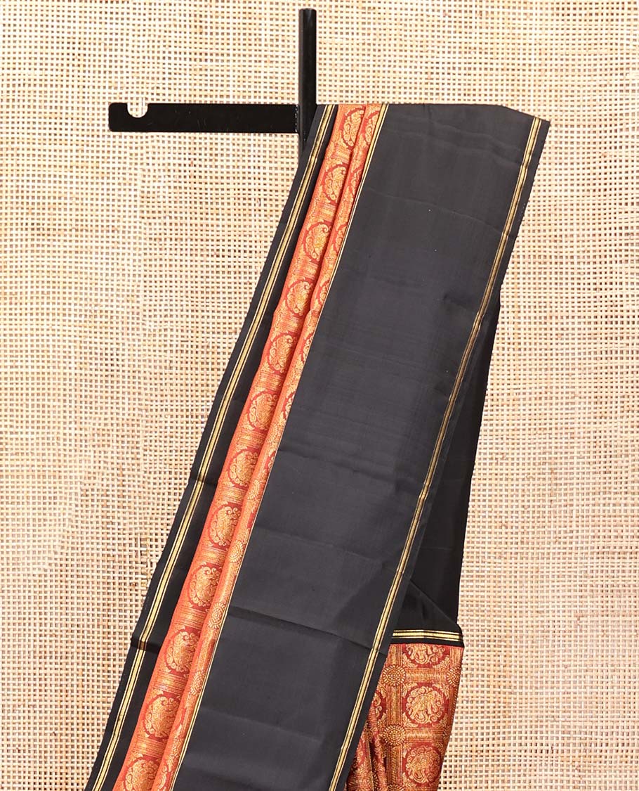 Red Kanchipuram Designer Silk Saree, Gracefully Embellished with Elephant Enclosed Checks On Its Body, Complemented by Contrast Rettai Pettu Zari Striped Border, Grand Jaal Pallu and Paired with a Contrast Blouse