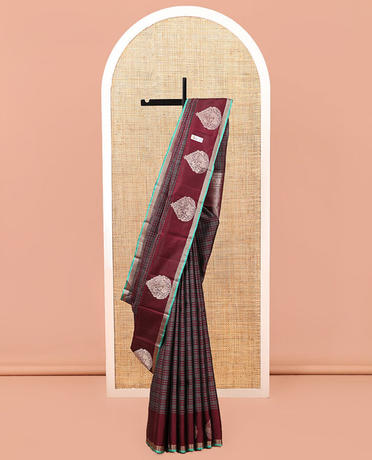 Maroon Checked Kanchipuram Silk Saree, a Self-Border of Unique Motifs, Grand Jaal Pallu, and a Matching Blouse