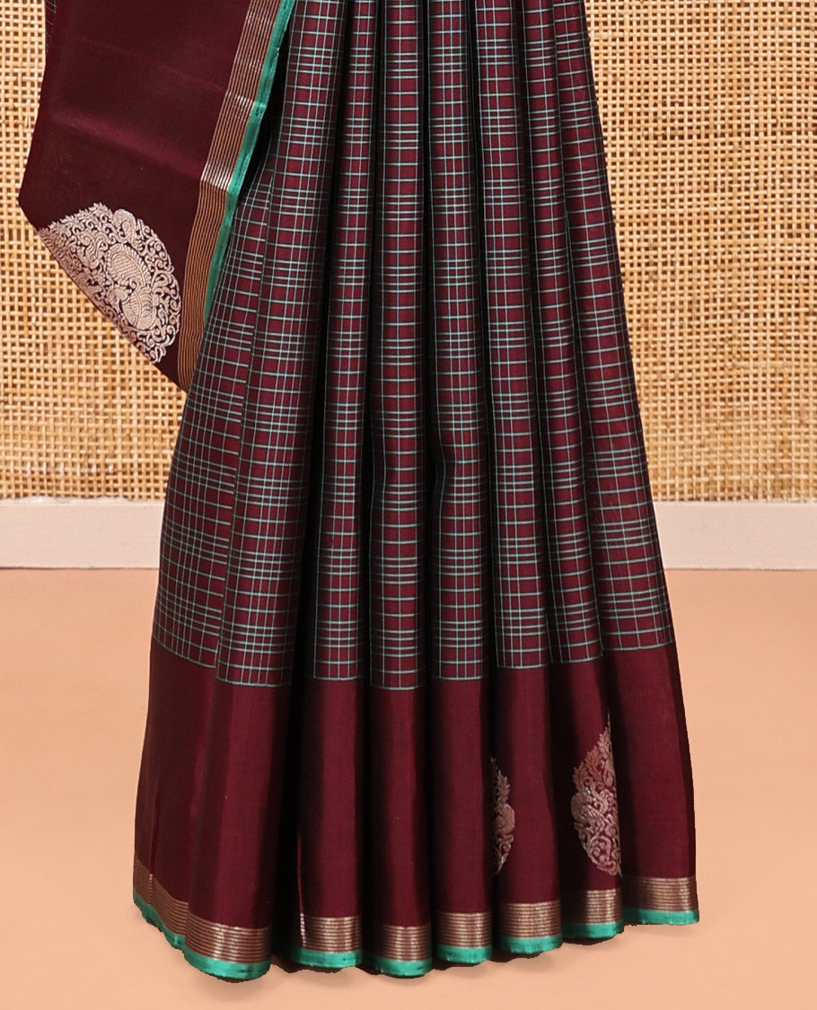 Maroon Checked Kanchipuram Silk Saree, a Self-Border of Unique Motifs, Grand Jaal Pallu, and a Matching Blouse