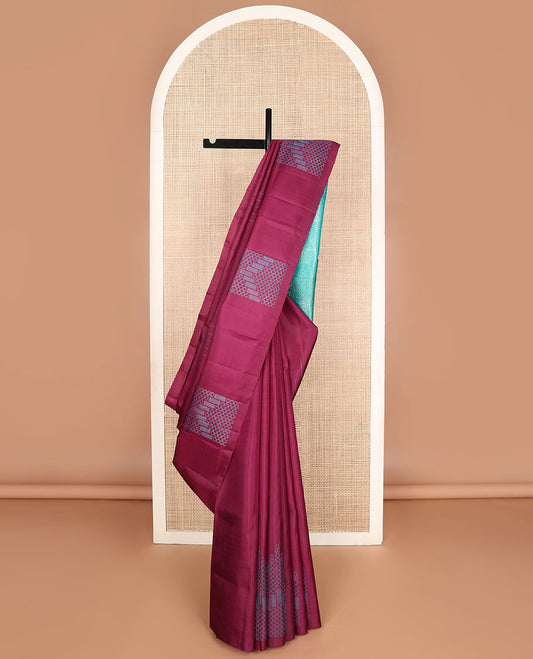 Borderless red soft silk saree with geometric designs, contrast geometric patterns zari pallu