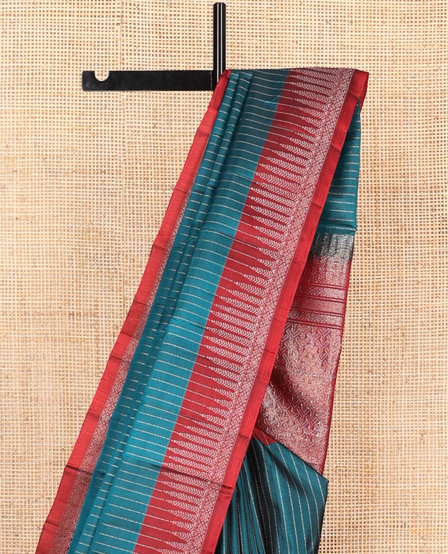 Blue muthu striped soft silk saree, contrast tree motifs border, and pallu of geometric patterns