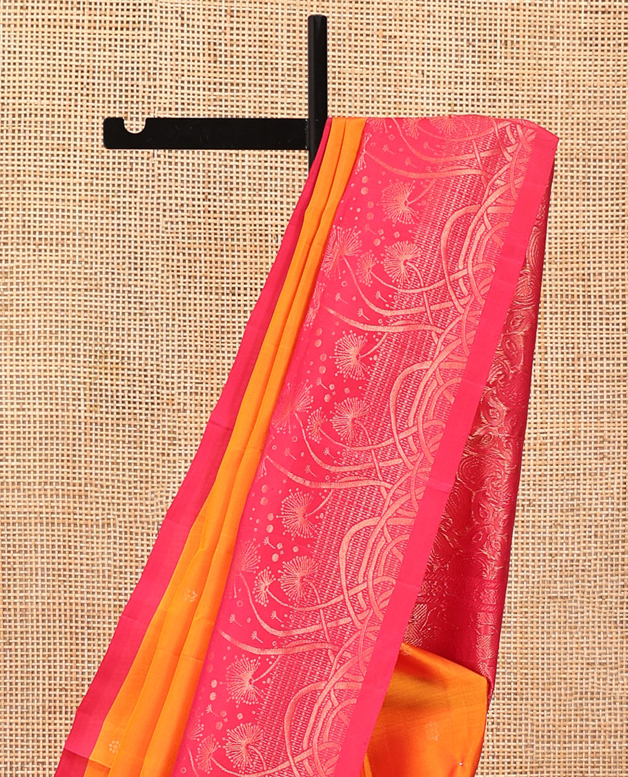 Orange Mayuri Soft Silk Saree, Woven with Buttas All Over the Body, Complemented by a Contrast Floral Design Border, Pallu Steeped with Paisleys, and Paired with a Contrast Blouse