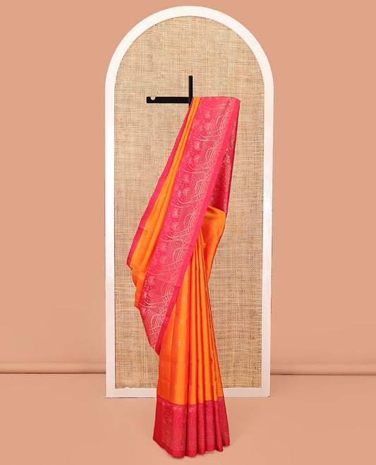 Orange Mayuri Soft Silk Saree, Woven with Buttas All Over the Body, Complemented by a Contrast Floral Design Border, Pallu Steeped with Paisleys, and Paired with a Contrast Blouse
