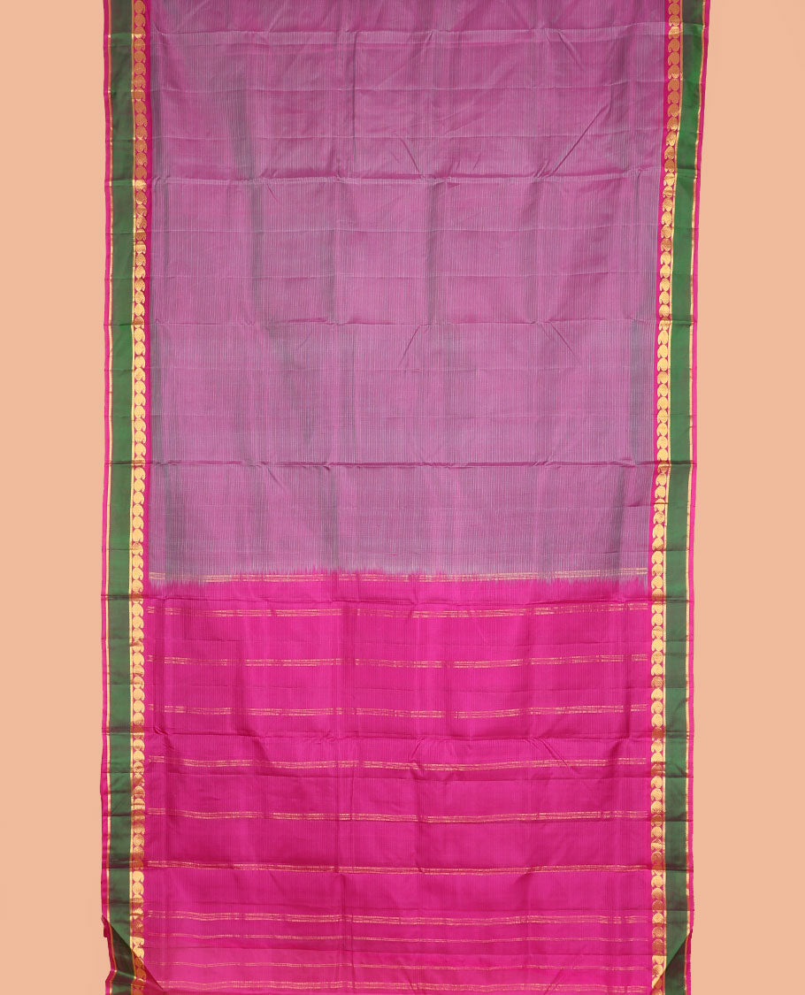 Purple vazhaipoo striped ten-yard silksaree,contrast rettai pettu border of kathir & kuyil kann manga design & zari striped pallu