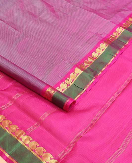 Purple vazhaipoo striped ten-yard silksaree,contrast rettai pettu border of kathir & kuyil kann manga design & zari striped pallu