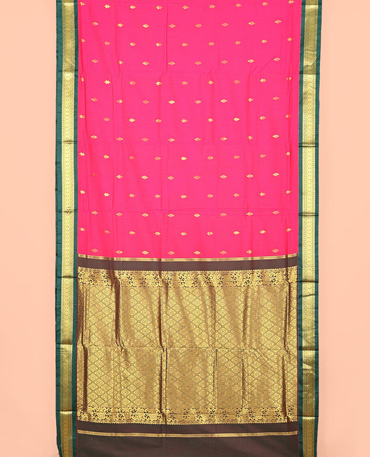 Pink Nine-Yard Art Silk Saree, Spotlighted with Buttas All Over Its Body, Complemented by a Contrast Traditional Zari Design Border, Gand Jaal Design Pallu, and Comes Without a Blouse