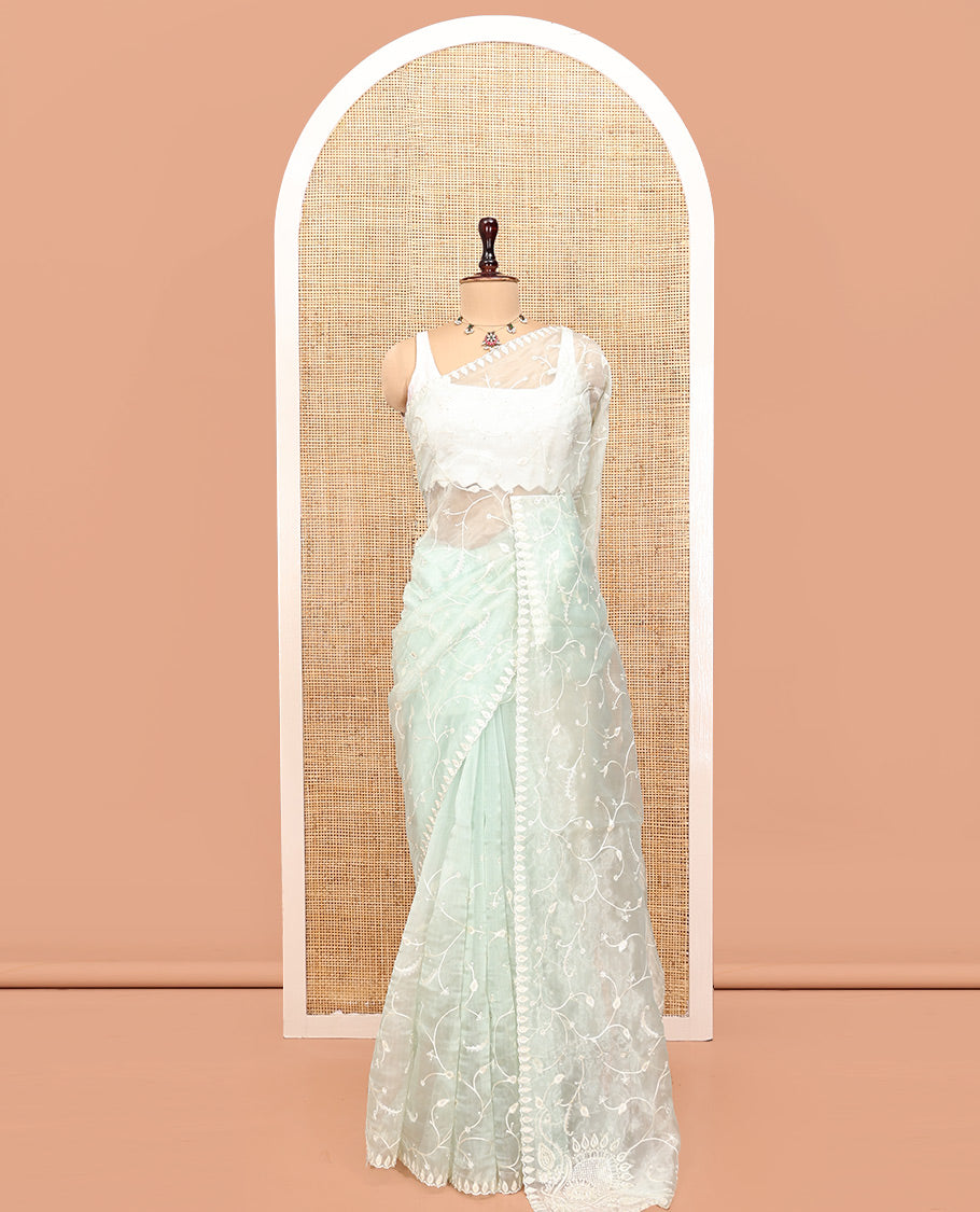 Pale Green Organza Saree, Elegantly Detailed with Floral Vine Embroidery, Scallop Embroidery Border, and a Matching Blouse
