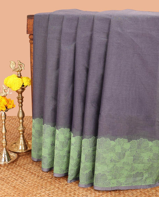 Steel grey coimbatore cotton saree with contrast thread border & threaded rich pallu along with striped blouse