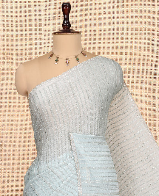 Pista Green Fendi Chiffon Saree, Bead Embroidery, a Scalloped Border, a Matching Blouse