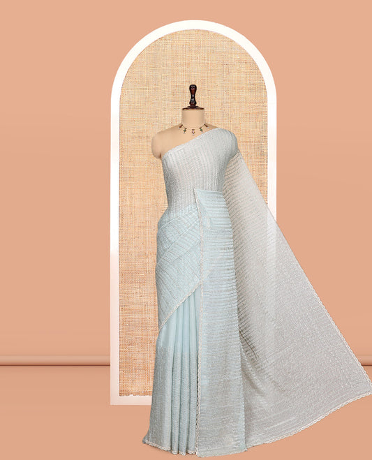 Pista Green Fendi Chiffon Saree, Bead Embroidery, a Scalloped Border, a Matching Blouse