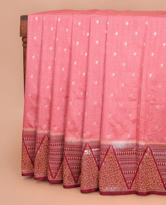 Onion pink small butta design raw silk woven saree with contrast temple border & rich pallu along with butta design blouse