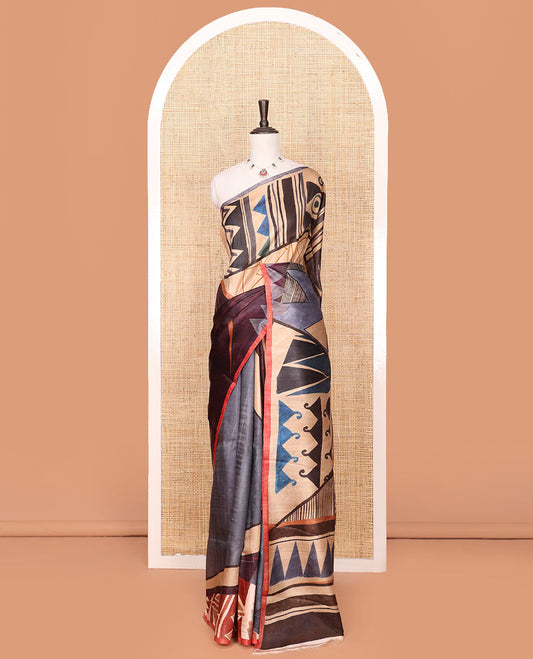 Borderless Multi-Color Printed Silk Saree Impeccably Styled with Modern Art-Theme Motifs Print, Thin Piping Border, Modern Art-Theme Printed Pallu, and a Contrast Subtle Blouse