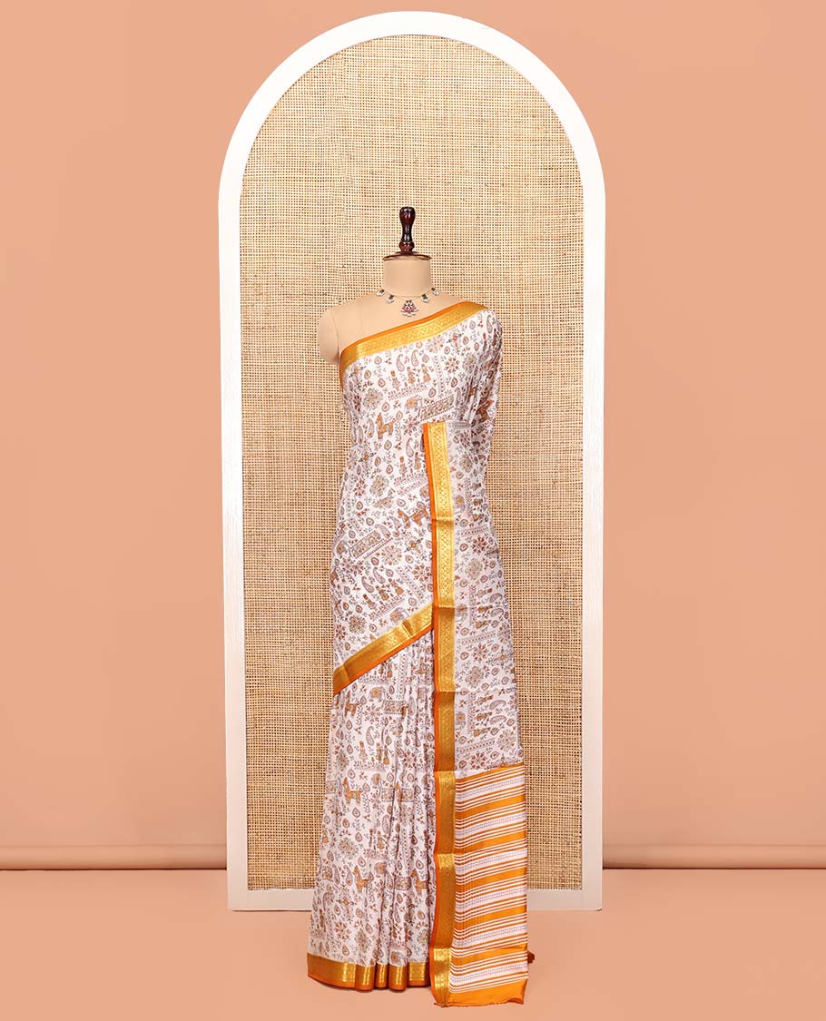 Cream Printed Silk Saree, Artfully Detailed with Flora, Fauna, and Human Motifs Print, Complemented by a Contrast Traditional Zari Border, Striped Pallu, and a Contrast Blouse