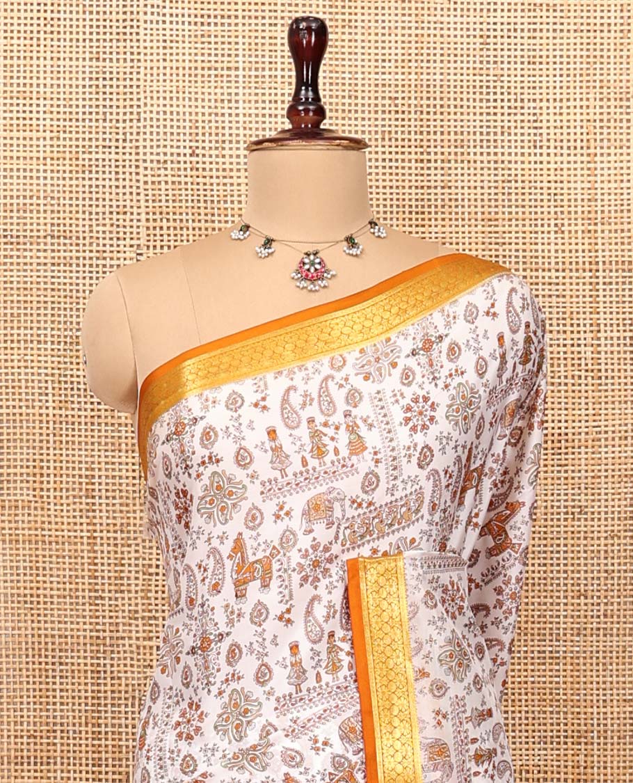 Cream Printed Silk Saree, Artfully Detailed with Flora, Fauna, and Human Motifs Print, Complemented by a Contrast Traditional Zari Border, Striped Pallu, and a Contrast Blouse