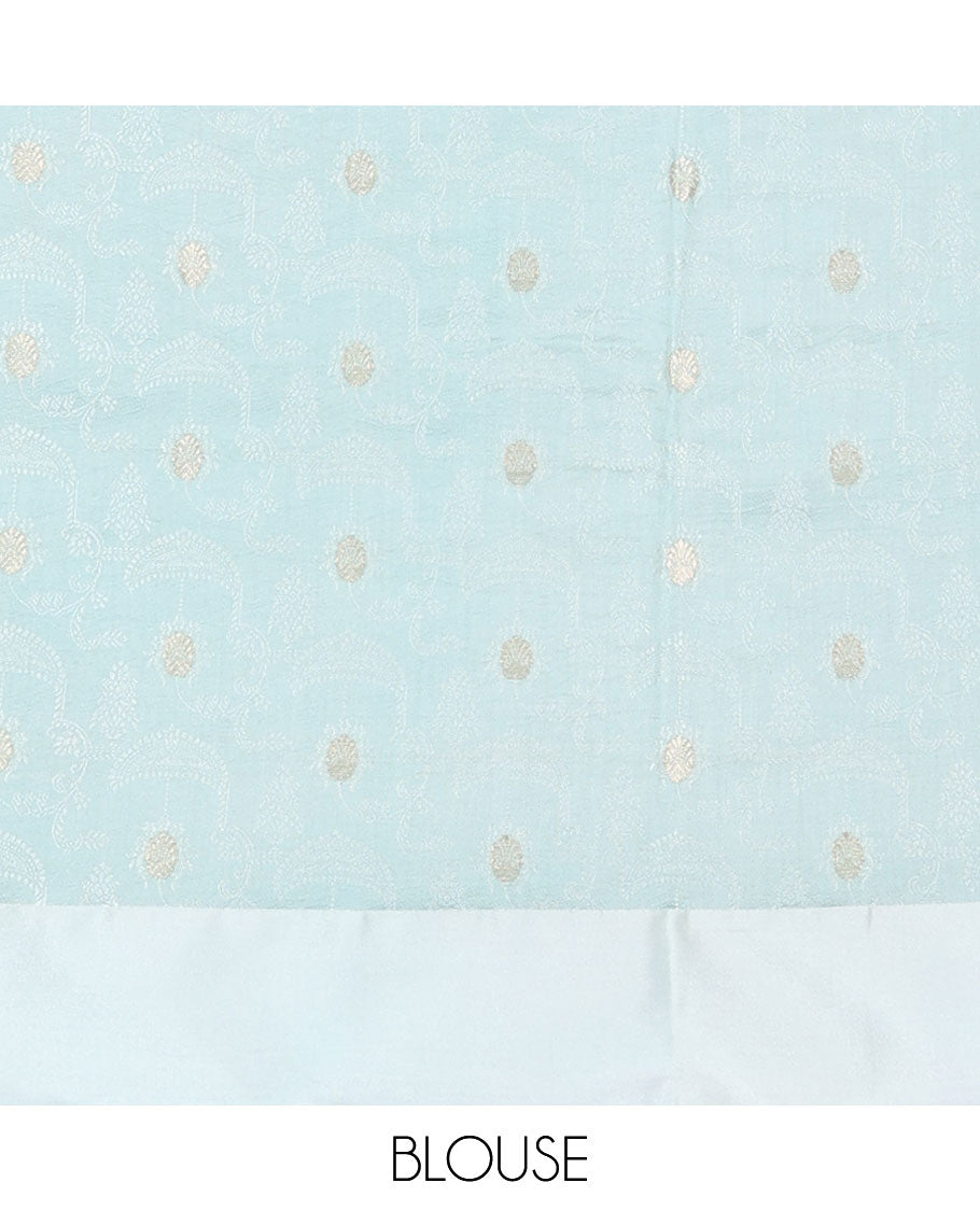 Blue kalamkari-style floral vine & peacock printed tussar saree with zari buttas, plain border & plain pallu