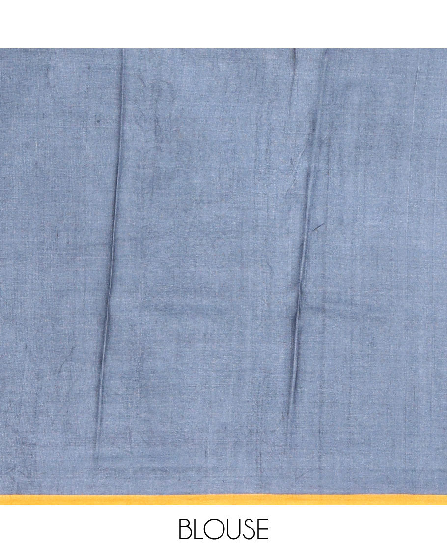 Grey Tussar Saree Printed with Tropical Floral Motifs, Featuring a Contrast Piping-Style Plain Border, Pallu of Unique Print, and a Matching Plain Blouse