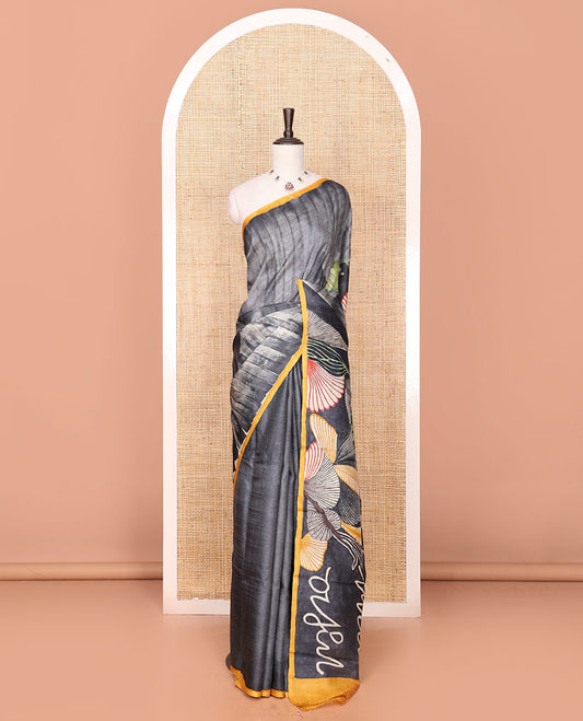 Grey Tussar Saree Printed with Tropical Floral Motifs, Featuring a Contrast Piping-Style Plain Border, Pallu of Unique Print, and a Matching Plain Blouse