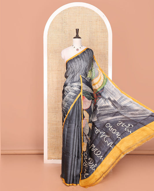 Grey Tussar Saree Printed with Tropical Floral Motifs, Featuring a Contrast Piping-Style Plain Border, Pallu of Unique Print, and a Matching Plain Blouse