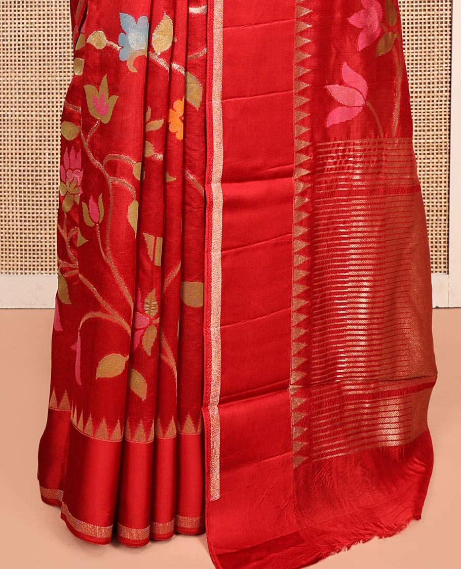Red Matka Silk Saree, Mesmerized with Floral Vine Design All Over Its Body, Highlighted by a Self-Border of Temple Designs, Zari Striped Pallu, and Paired with Matching Blouse