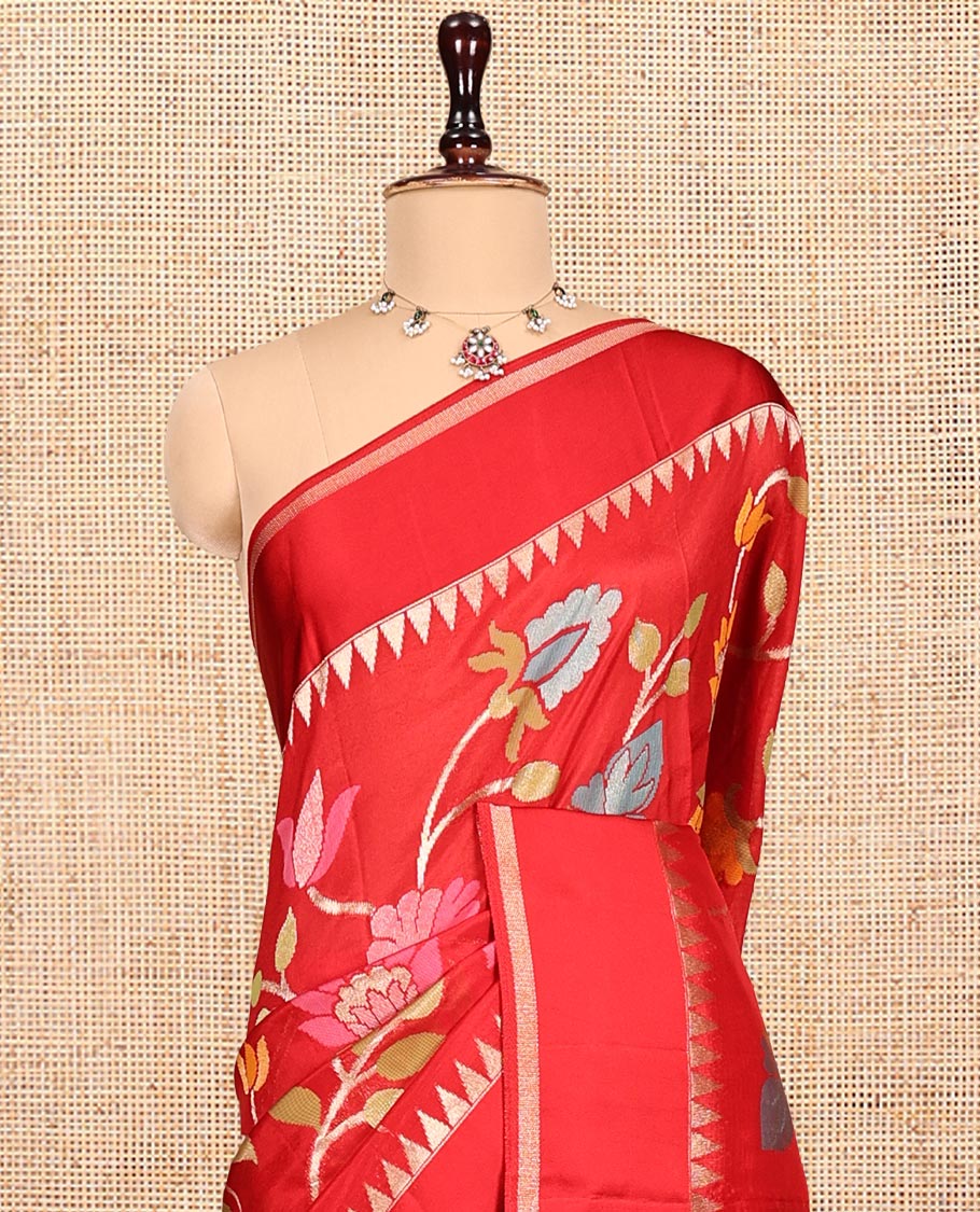 Red Matka Silk Saree, Mesmerized with Floral Vine Design All Over Its Body, Highlighted by a Self-Border of Temple Designs, Zari Striped Pallu, and Paired with Matching Blouse