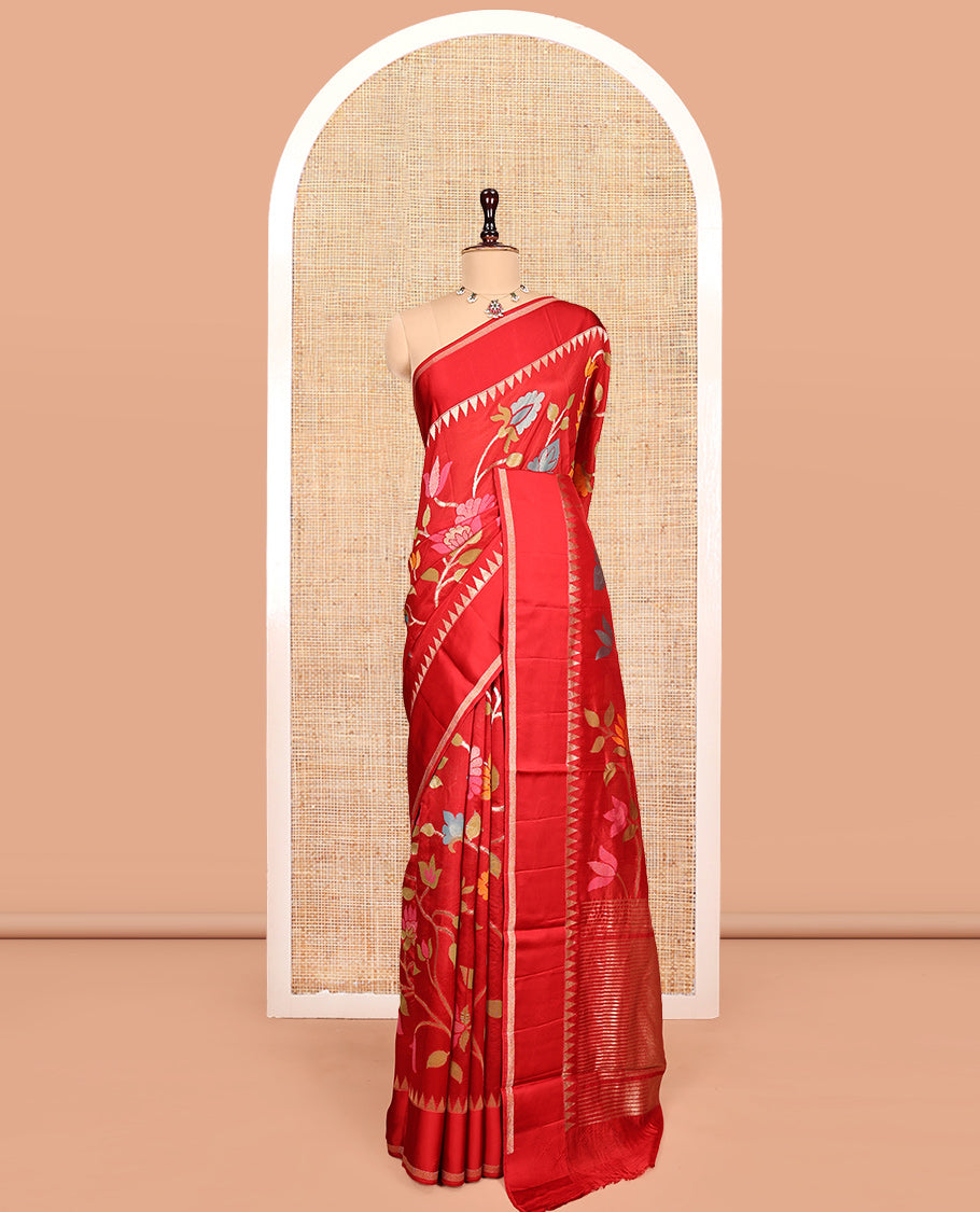 Red Matka Silk Saree, Mesmerized with Floral Vine Design All Over Its Body, Highlighted by a Self-Border of Temple Designs, Zari Striped Pallu, and Paired with Matching Blouse