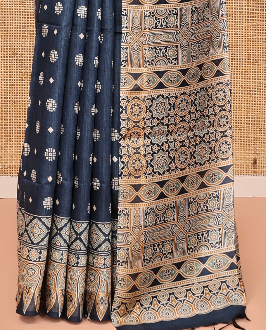 Dark Grey Buttas Tussar Silk Saree, an Ajrakh-Printed Border, Ajrakh Pallu, and Contrast Blouse
