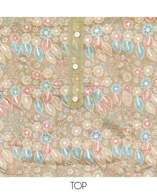 Green organza chudidhar material set,floral print & sequins embroidery tissue top & floral vine embroidery dupatta