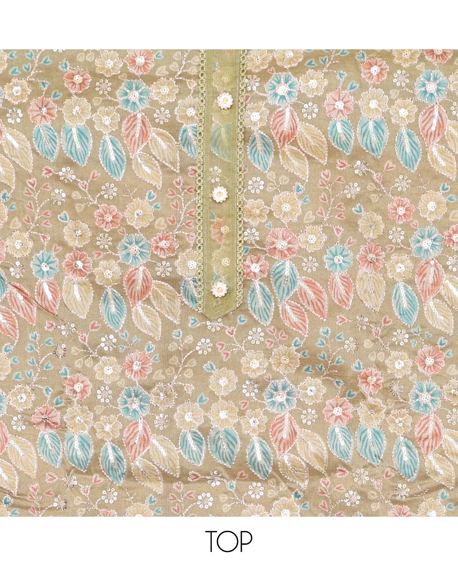 Green organza chudidhar material set,floral print & sequins embroidery tissue top & floral vine embroidery dupatta