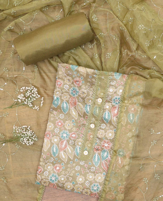 Green organza chudidhar material set,floral print & sequins embroidery tissue top & floral vine embroidery dupatta