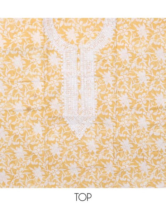 Yellow cotton material churidar set, floral printed with neck embroidered top, tiger skin style printed bottom, and dupatta of floral and animal print