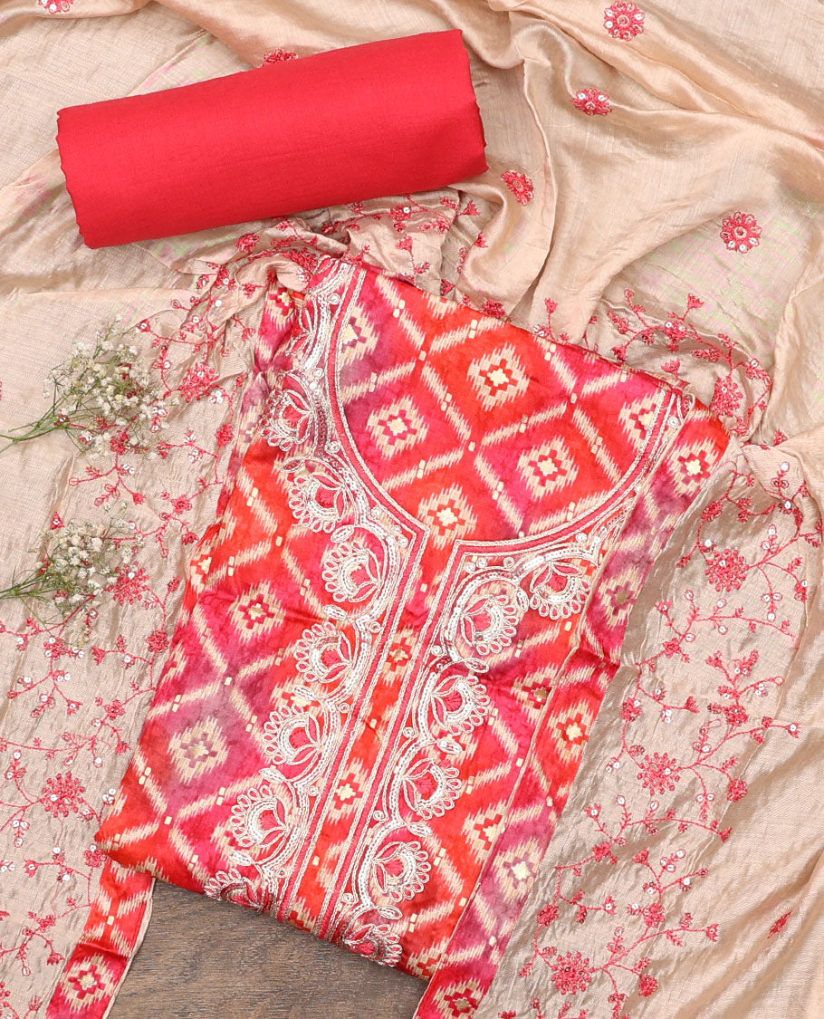 Pink material chudidar set, ikkat jaal printed with neck embroidered top, plain bottom, and floral vine sequins embroidered dupatta