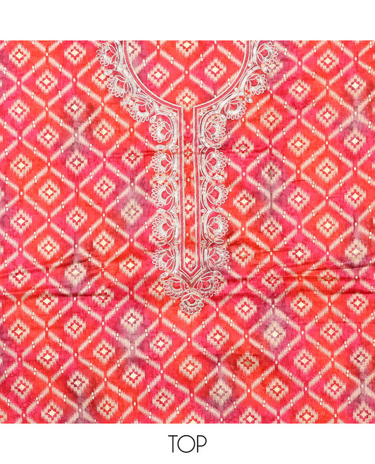 Pink material chudidar set, ikkat jaal printed with neck embroidered top, plain bottom, and floral vine sequins embroidered dupatta