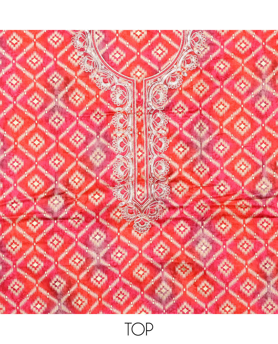 Pink material chudidar set, ikkat jaal printed with neck embroidered top, plain bottom, and floral vine sequins embroidered dupatta