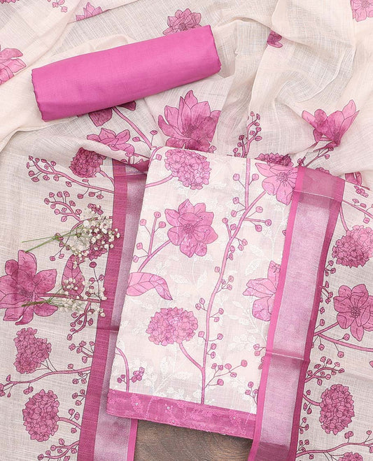 Cream-light purple material chudidar set, floral print and thread woven top, contrast plain bottom, and floral printed dupatta