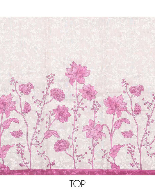 Cream-light purple material chudidar set, floral print and thread woven top, contrast plain bottom, and floral printed dupatta