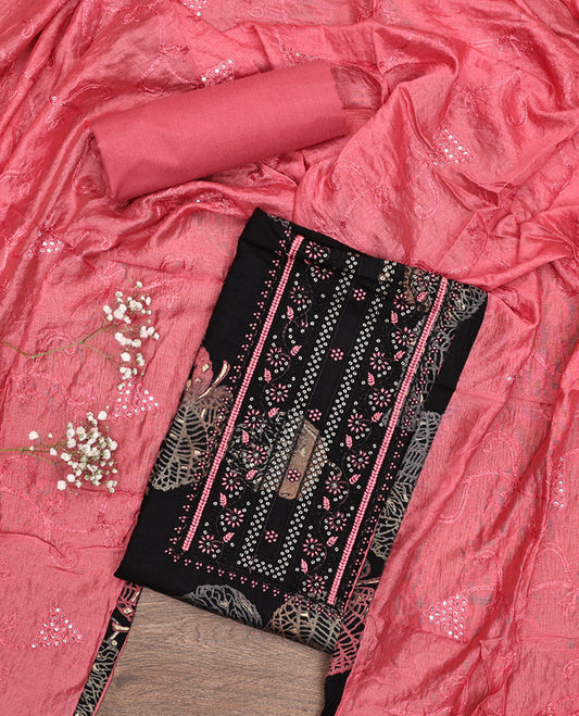 Black Material Chudidar Set, Decorated with Leaf Print and Neck Embroidery on Rayon Top, a Contrast Plain Rayon Bottom, and Paired with a Contrast Sequins Embroidered Chanderi Silk Dupatta