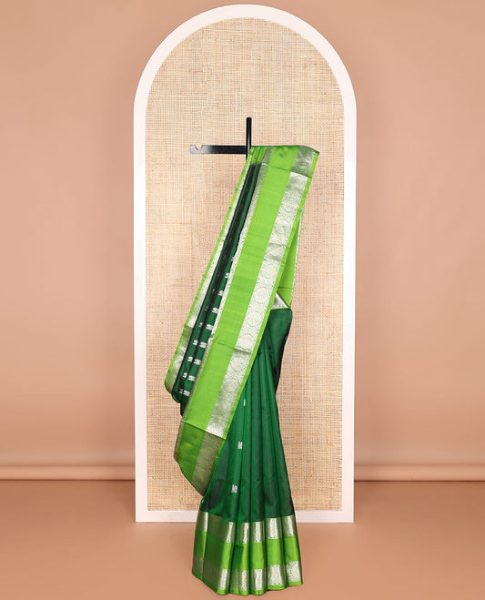 Dark green motifs venkatagiri cotton saree with contrast rettai pettu zari design border & argyle design pallu