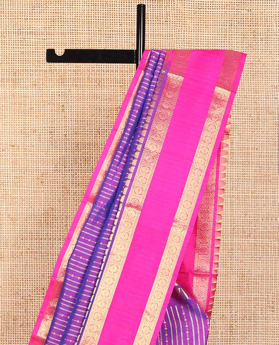 Purple striped design venkatagiri silk saree with contrast rettai pettu zari design border & floral design pallu