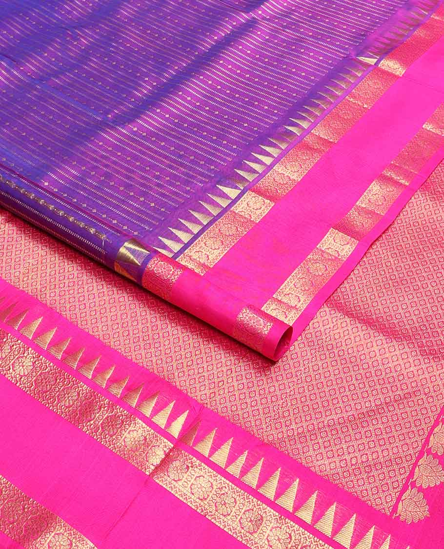 Purple striped design venkatagiri silk saree with contrast rettai pettu zari design border & floral design pallu